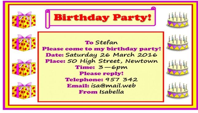 Fiche d'activité : exemple de carte d'invitation d'anniversaire avec date, heure, adresse et coordonnées